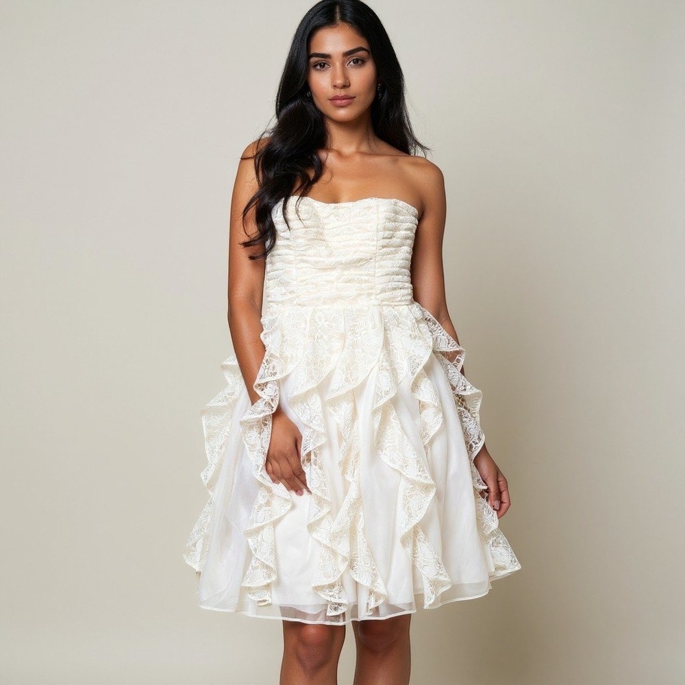 Hailey Logan Adrianna Papell Ivory Lace Strapless Corset Ruffle Mini Dress 9/10